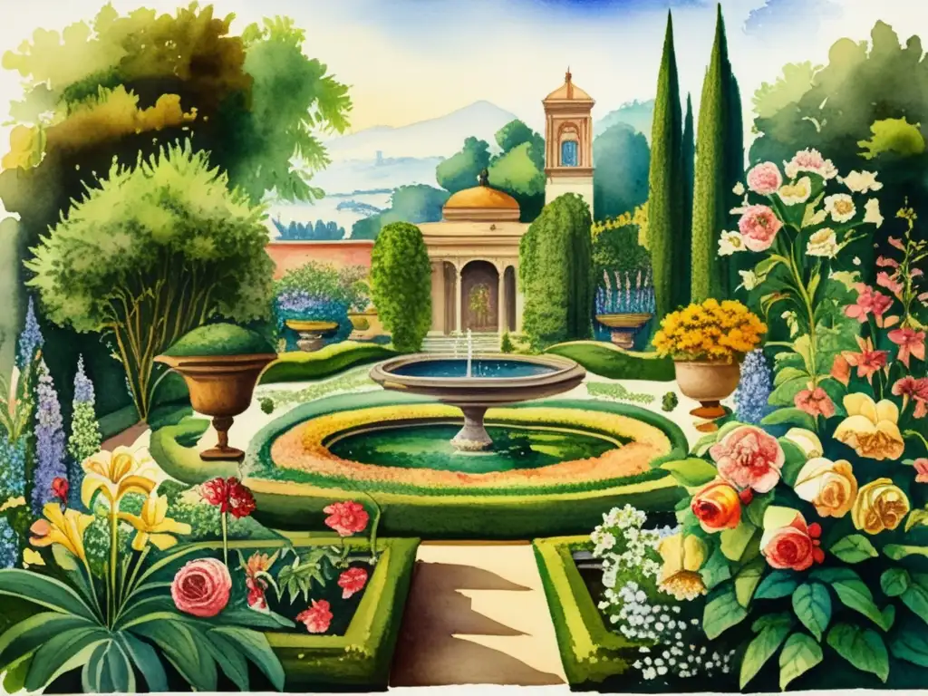 Pintura acuarela detallada de un jardín renacentista con plantas simbólicas