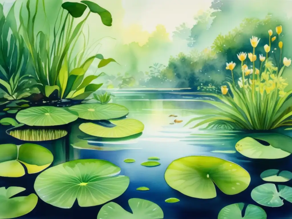Pintura acuarela de escena submarina Pintura acuarela lago con plantas acuáticas, peces y luz, peligro toxicidad plantas acuáticas