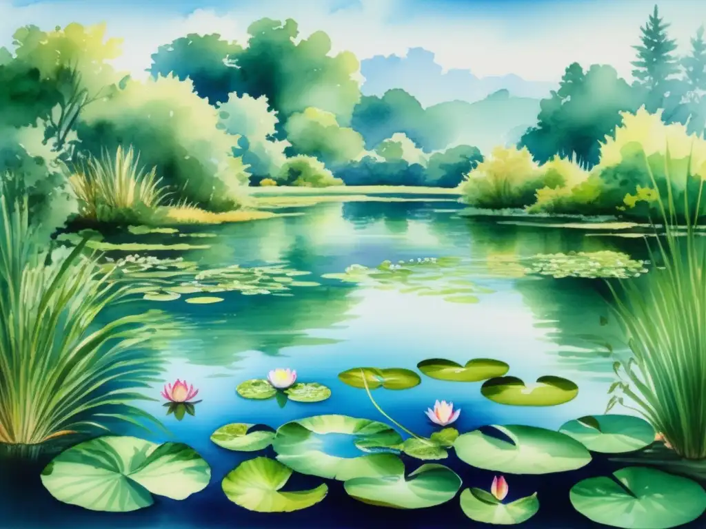 Pintura acuarela vibrante, escena serena de lago rodeado de plantas acuáticas