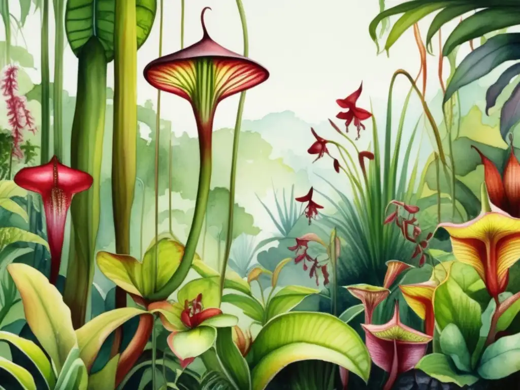 Plantas Carnívoras: Adaptación Biológica - Escena de selva tropical con plantas carnívoras detalladas en acuarela