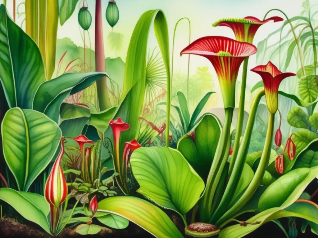 Fotosíntesis en plantas carnívoras: Pintura acuarela vibrante de escena tropical con plantas carnívoras y detalles intrincados