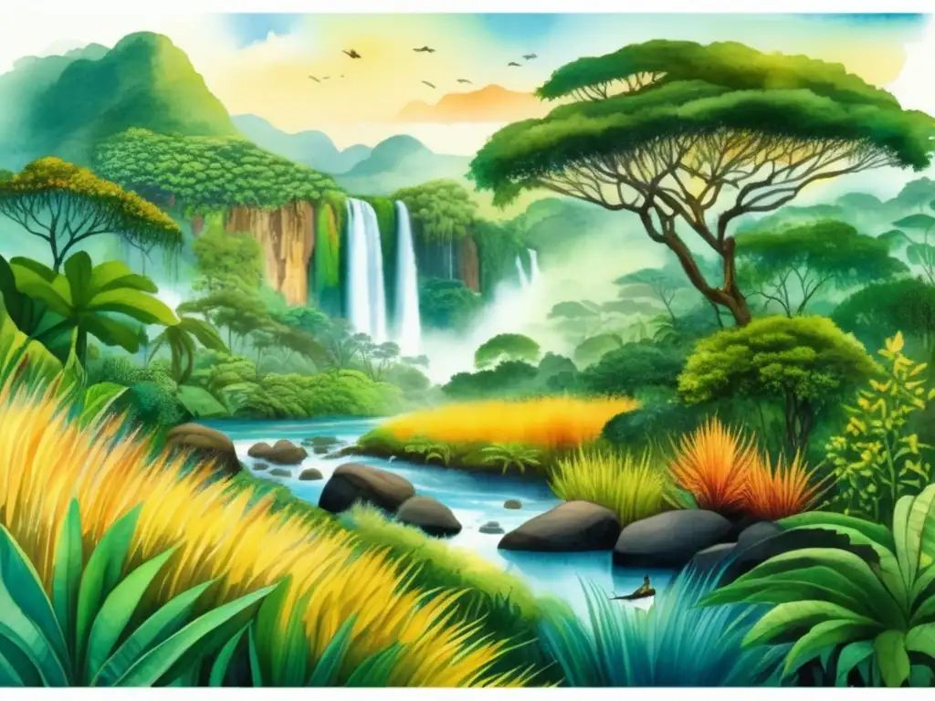 Hábitats plantas medicinales mundo: pintura acuarela muestra belleza y diversidad de selvas, sabanas y montañas en América Latina, África y Asia