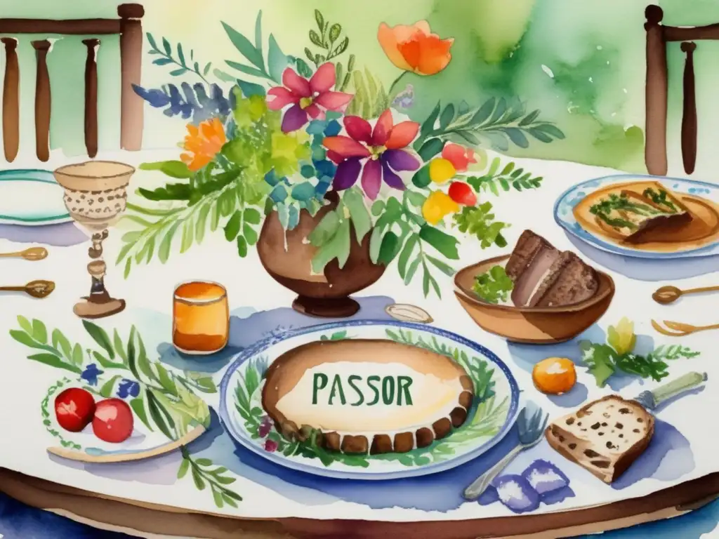 Ilustración acuarela de mesa de Seder Pascua judía con plantas simbólicas: hierbas amargas, charoset, hueso cordero, exaltando su importancia cultural