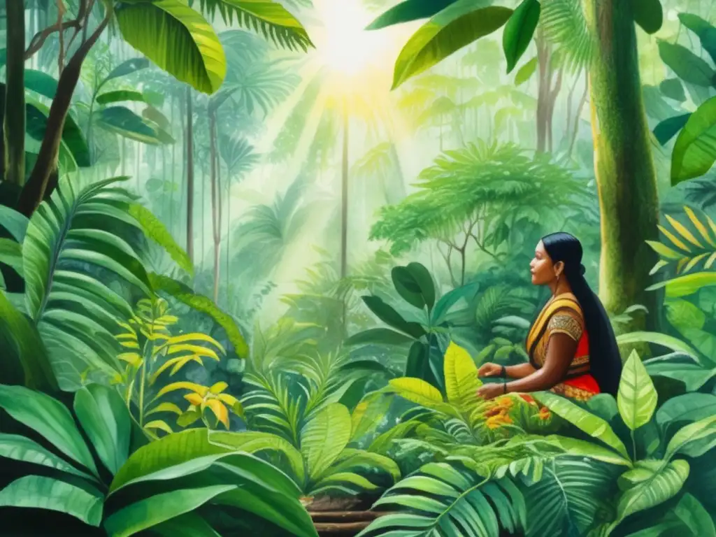 Pintura acuarela detallada de una exuberante selva tropical con plantas medicinales históricas y culturales