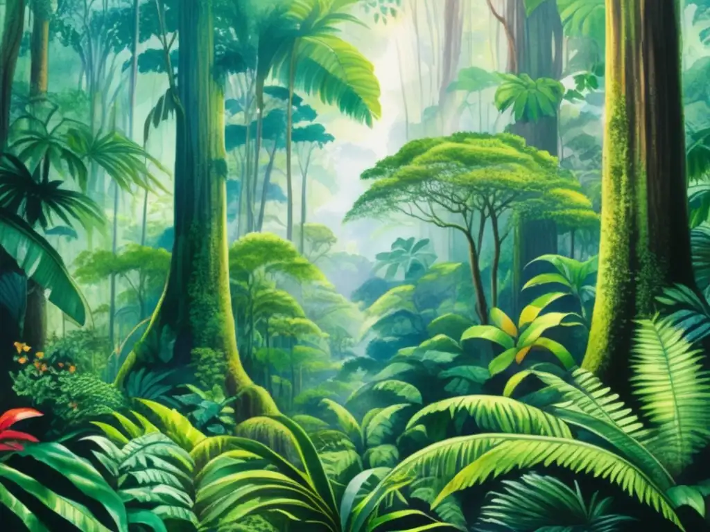 Pintura acuarela detallada de selva tropical: biodiversidad y belleza