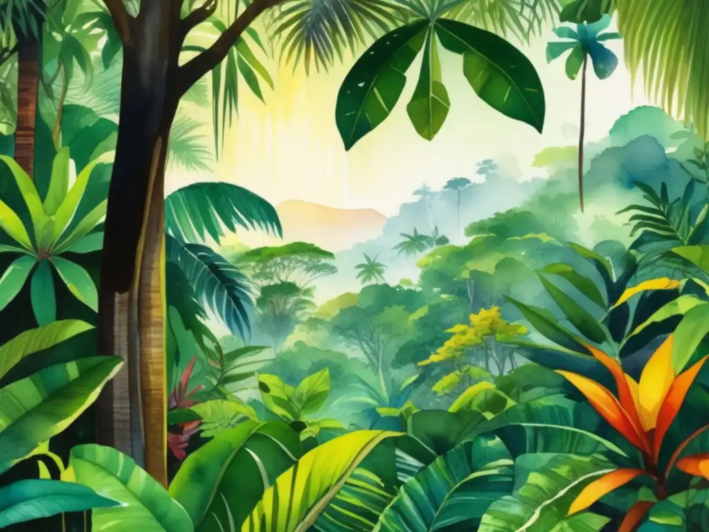 Importancia cultural plantas América Latina en peligro en vibrante pintura acuarela de selva tropical