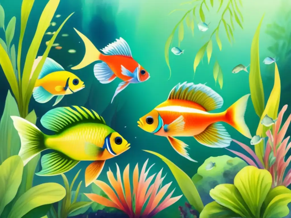 Beneficios de plantas acuáticas para peces herbívoros: pintura acuarela de escena vibrante y colorida bajo el agua