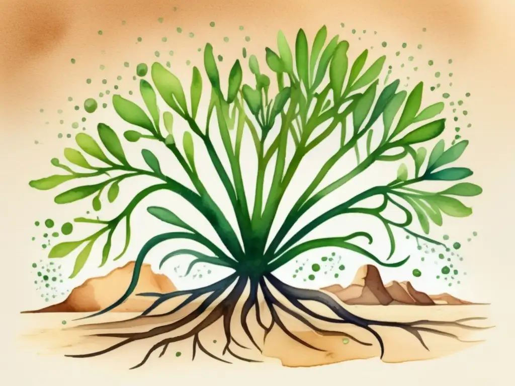 Ilustración acuarela de una planta del desierto adaptada para captar agua con sus raíces y hojas verdes vibrantes