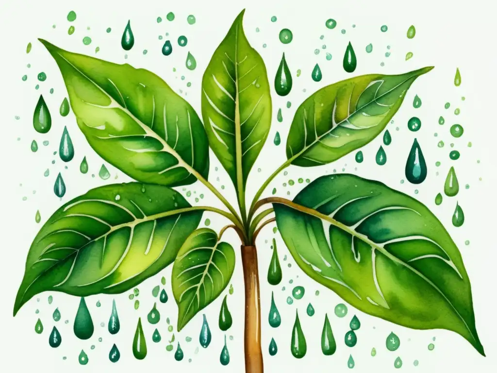 Ilustración acuarela: planta verde con hojas vibrantes y estrés hídrico