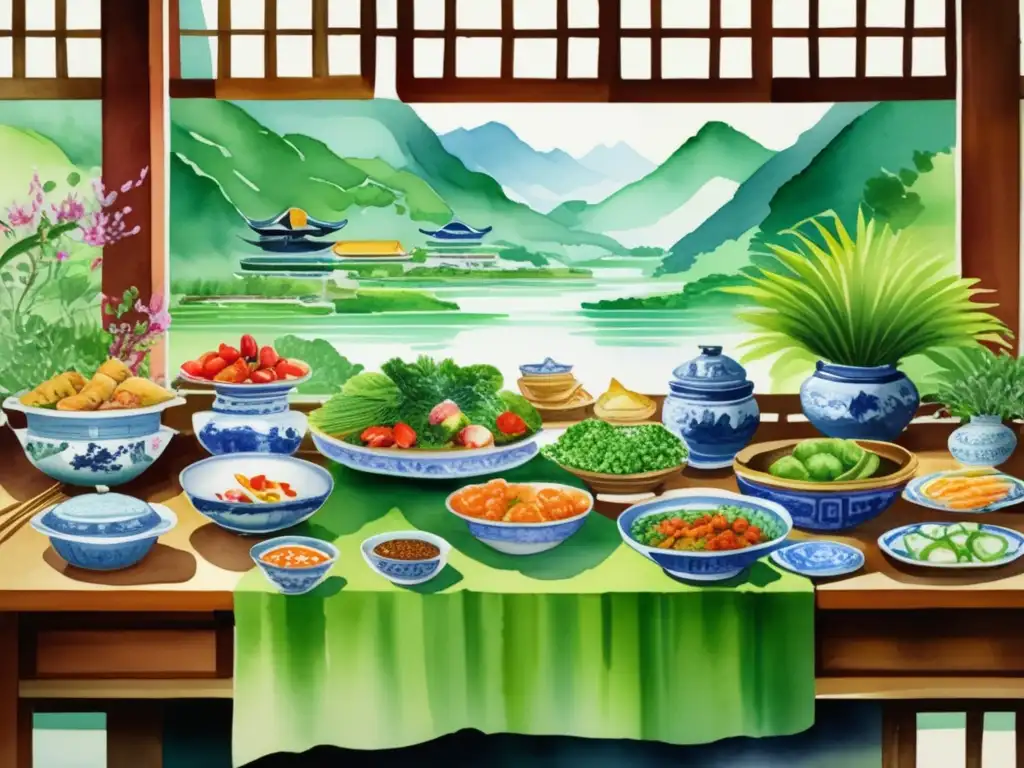 Cocina tradicional en China con plantas medicinales y paisajes naturales