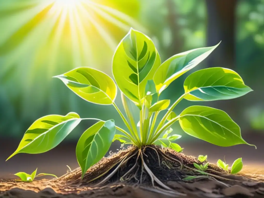 Proceso de la fotosíntesis en plantas: pintura acuarela exquisita que muestra una planta verde exuberante bajo la cálida luz solar