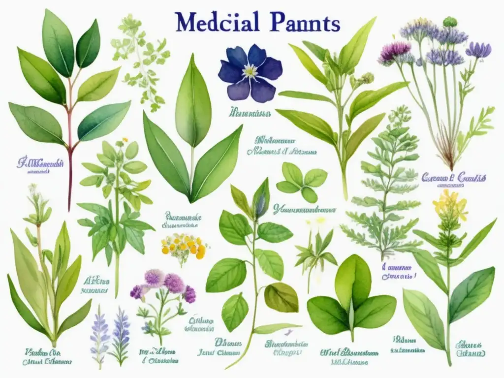 Ilustración detallada de plantas medicinales con nombres científicos, rodeadas de follaje verde vibrante