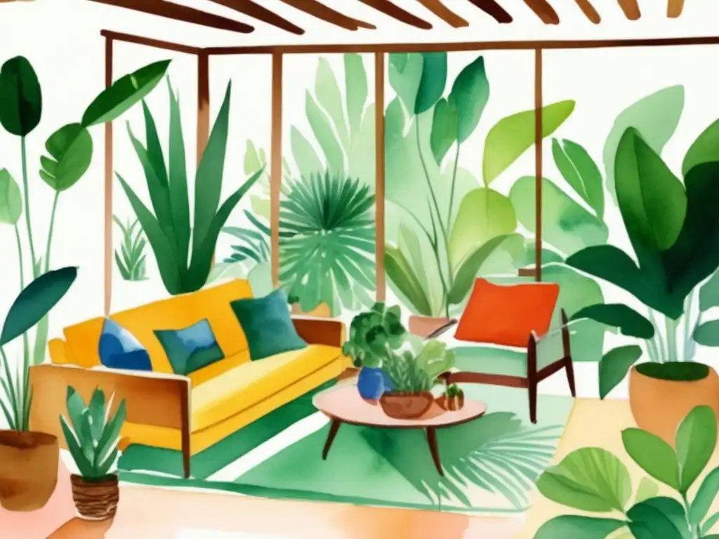 Beneficios de plantas ornamentales para el aire: ilustración cautivadora de una sala bien iluminada con plantas exuberantes y vibrantes