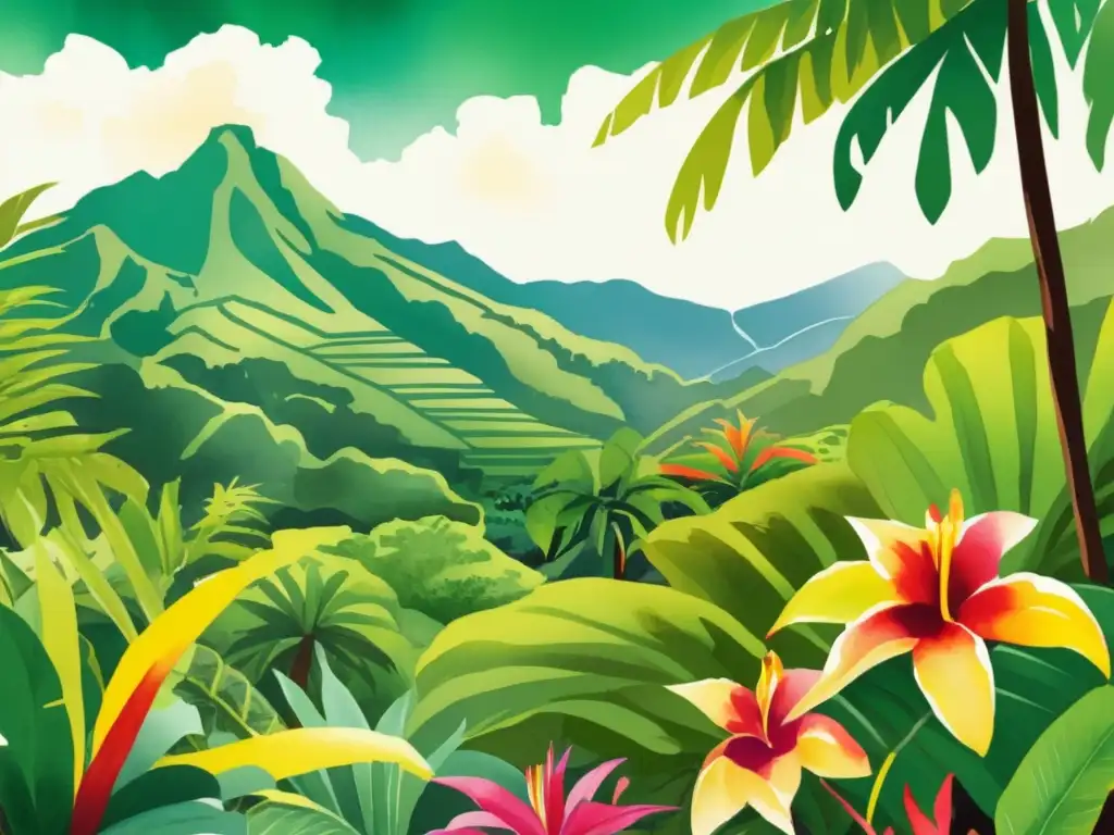 Paisaje tropical hawaiano con plantas medicinales y culinarias