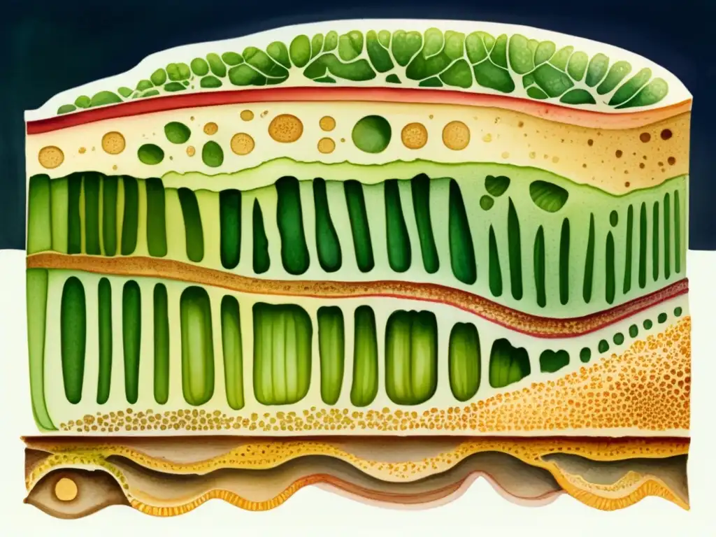 Anatomía detallada de las plantas: ilustración acuarela de sección transversal del tallo, muestra capas, tejidos, xilema, floema y más