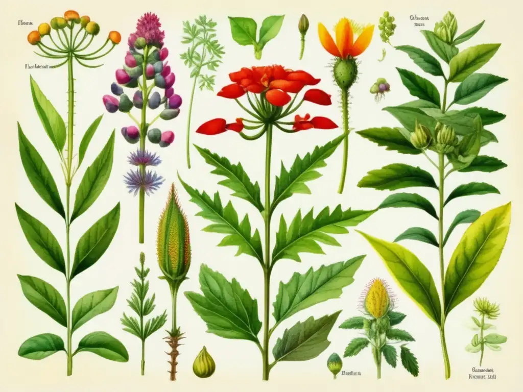 Tratamientos para envenenamiento por plantas: Detallada y vibrante acuarela de plantas venenosas con nombres, flores coloridas y hojas intrincadas