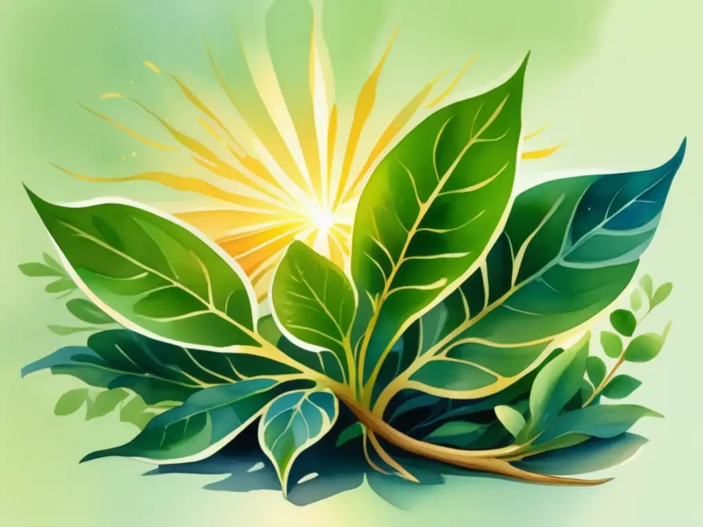 Ilustración acuarela: planta verde con luz dorada, detalles de hojas y red de venas, sombras y agua