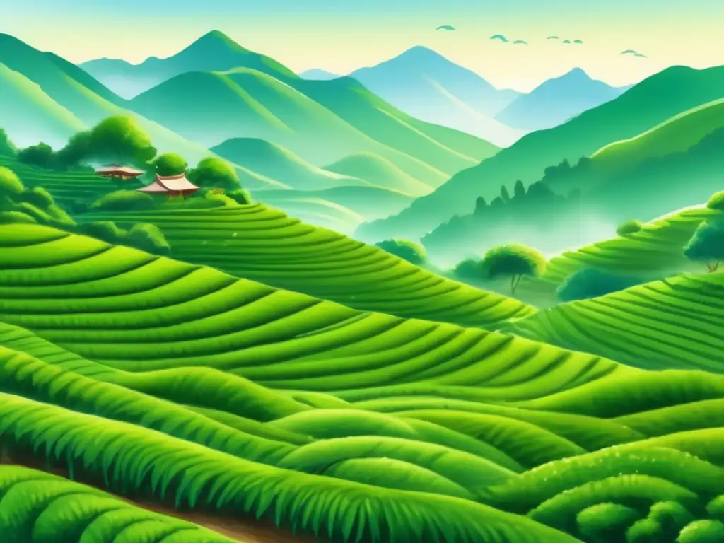 Una plantación de té verde china, exuberante y pintoresca, con hojas vibrantes y beneficios para la salud