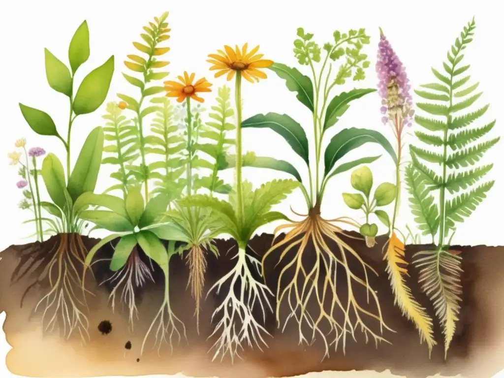 Ilustración acuarela de plantas con distintos sistemas radiculares - Importancia de las raíces en las plantas