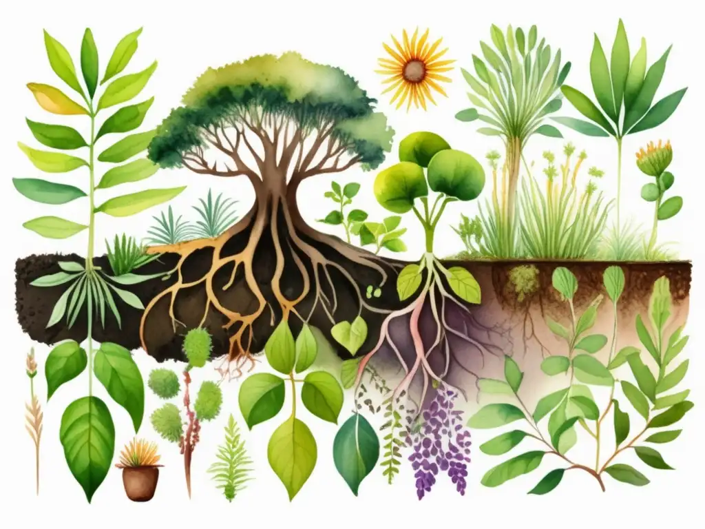 Adaptaciones de plantas al suelo: ilustración acuarela detallada de plantas diversas con raíces intrincadas adaptadas a diferentes tipos de suelo