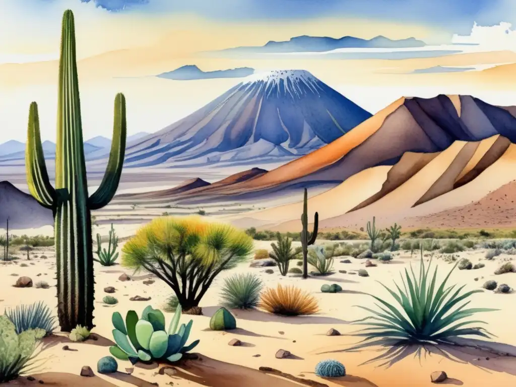 Flora del desierto de Atacama: Características y usos medicinales - Paisaje detallado de agua, cacti altos, plantas adaptadas y dunas de arena