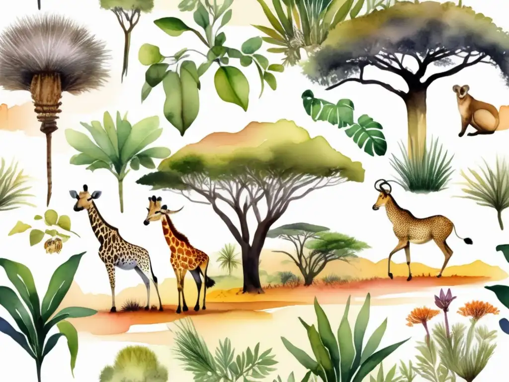 Plantas en peligro de extinción en África: ilustración acuarela muestra diversidad y belleza de especies, con detalles y colores vibrantes