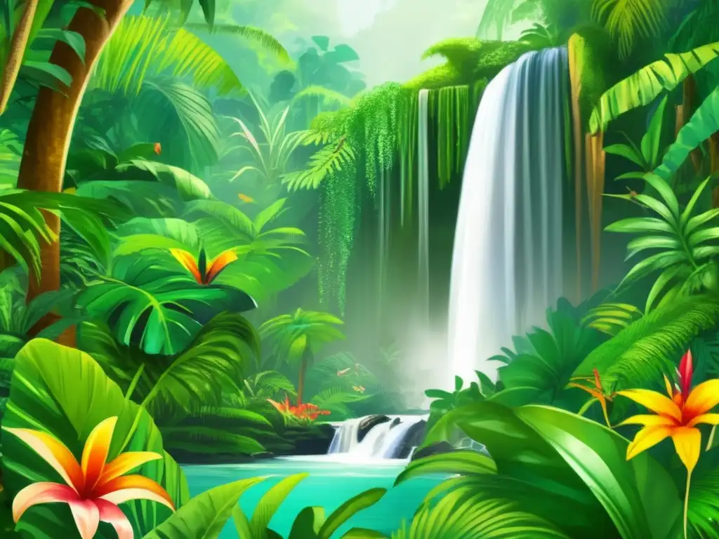 Plantas exóticas en literatura de viajes: Escena detallada de una selva tropical con flora y fauna vibrante en estilo acuarela