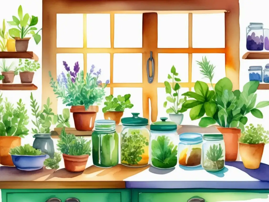 Beneficios de las plantas medicinales en la cocina: ilustración vibrante de un mostrador lleno de hierbas y plantas frescas y coloridas