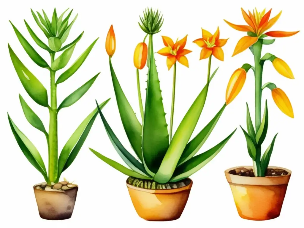 Ilustración detallada de tres plantas medicinales: Aloe vera, Caléndula y Manzanilla