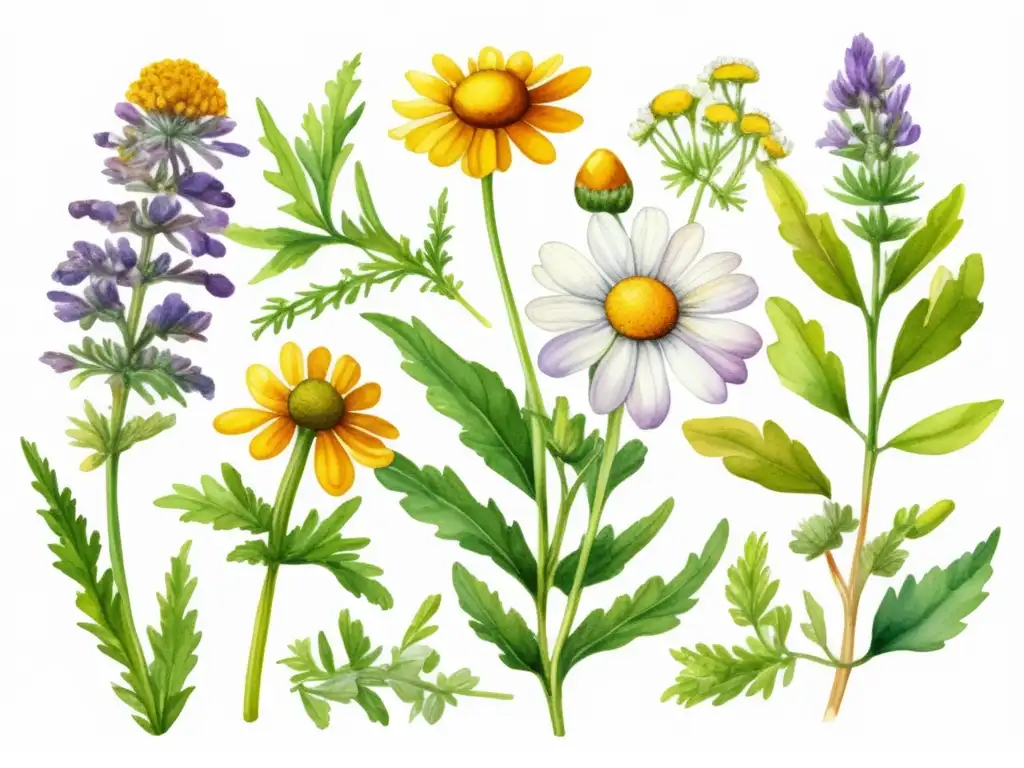 Ilustración acuarela de plantas medicinales para aliviar el dolor