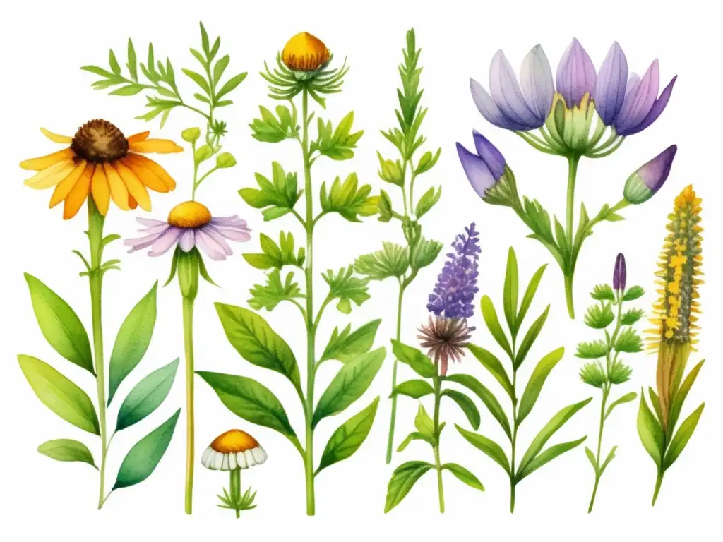 Ilustración vibrante de plantas medicinales, destacando beneficios y riesgos