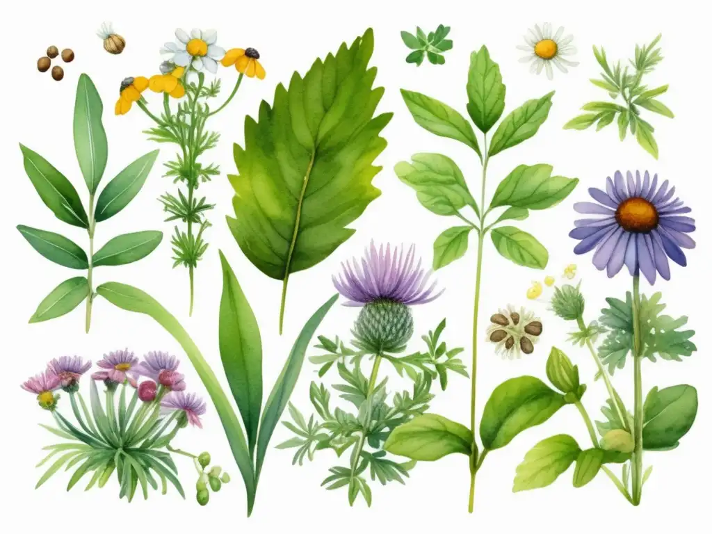 Ilustración detallada de plantas medicinales y culinarias: basil, romero, tomillo, manzanilla, lavanda, equinácea