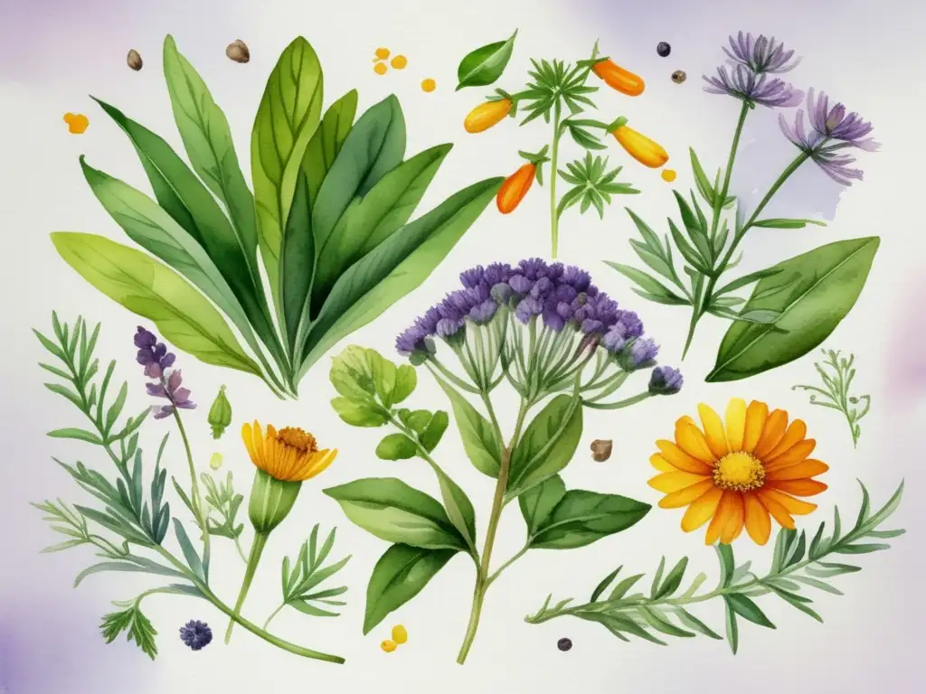 Ilustración detallada de plantas medicinales y gastronómicas con flores comestibles y frutas, resaltando la integración de la biotecnología