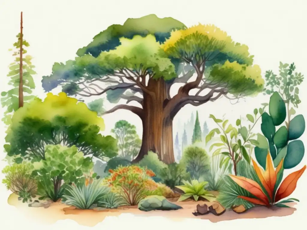 Ilustración acuarela de plantas resistentes a incendios en un paisaje diverso