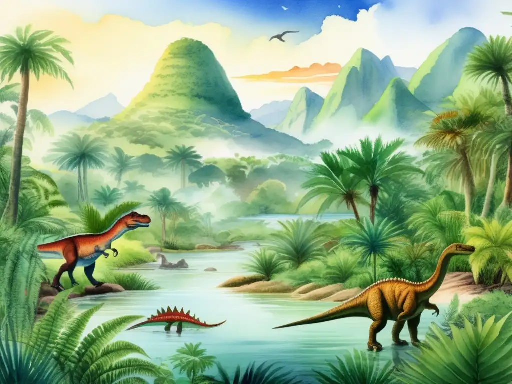 Ilustración acuarela de paisaje prehistórico con plantas y dinosaurios