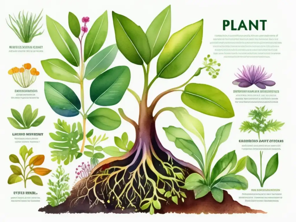 Proceso nutrición plantas: ilustración acuarela muestra proceso nutrición y desarrollo