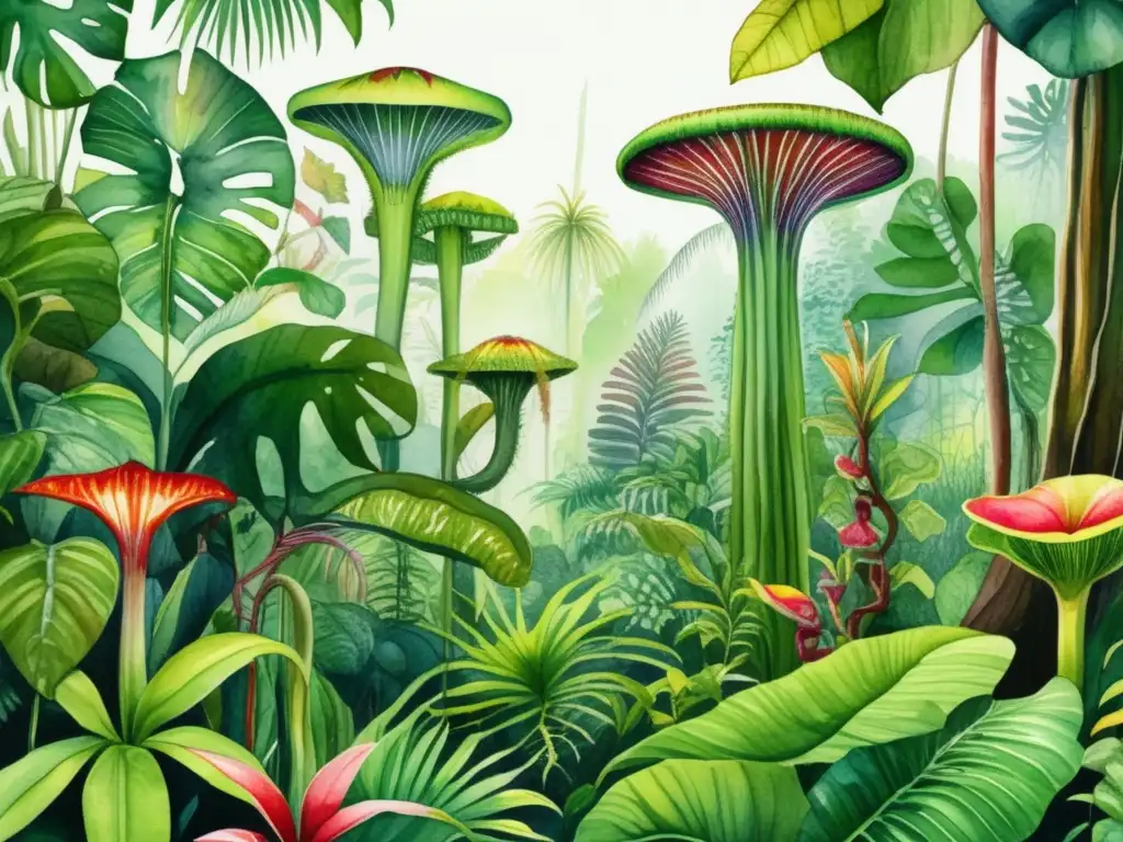 Ilustración detallada de un exuberante y vibrante ecosistema de selva tropical, con árboles imponentes y una gran diversidad de especies vegetales