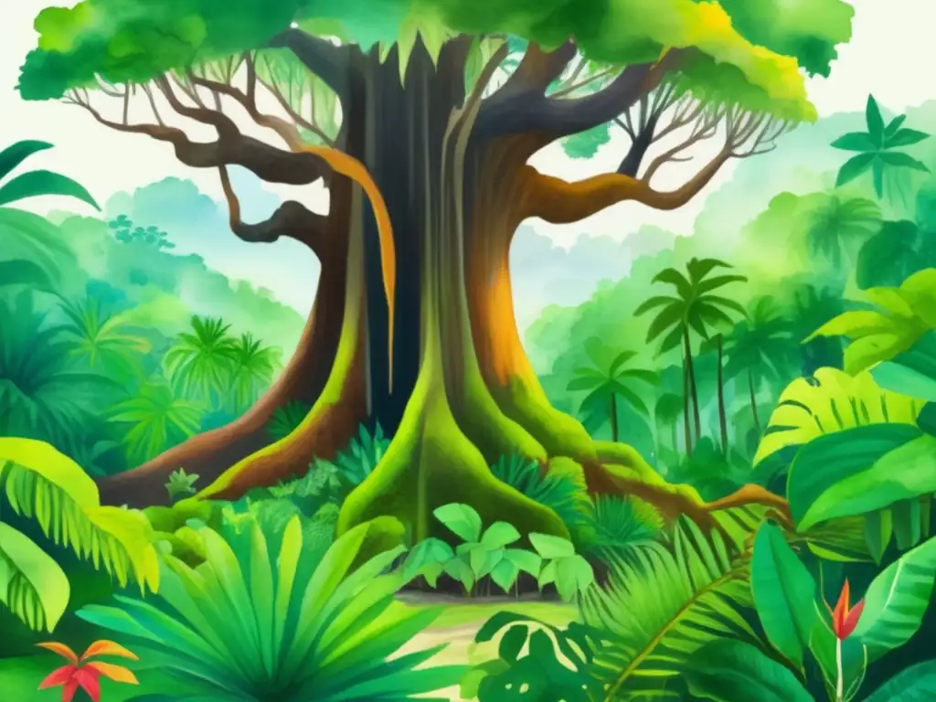 Importancia cultural de plantas indígenas en vibrante pintura acuarela de selva exuberante, vida abundante y conexión espiritual