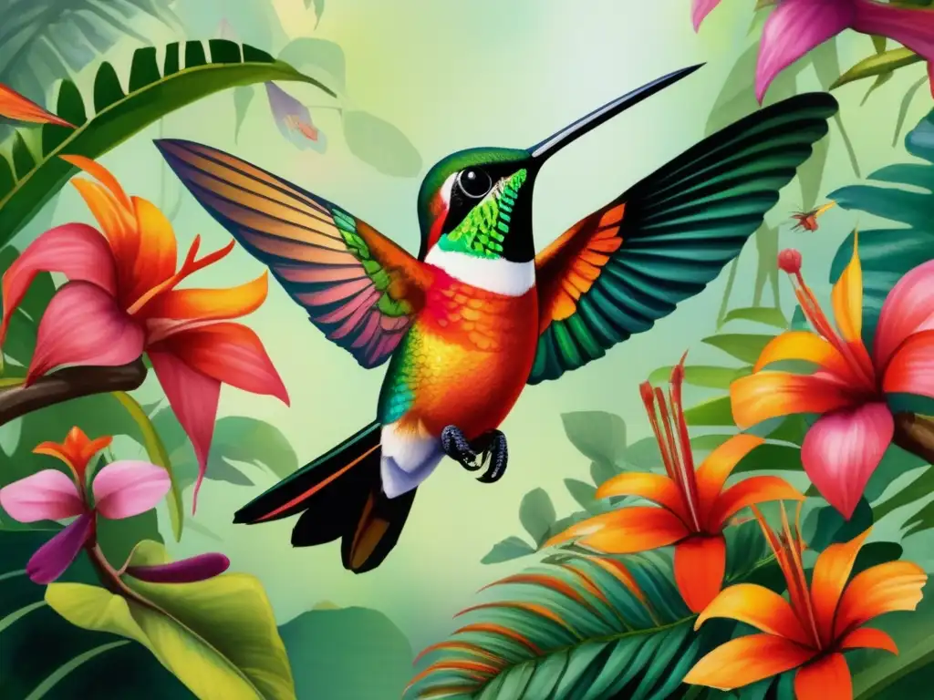 Relación colibríes flores tropicales historia: escena detallada de una selva tropical con flores vibrantes en tonos rojos, naranjas y rosados