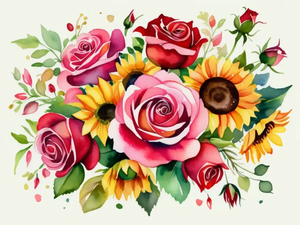 Bouquet de flores vibrante Imagen acuarela de bouquet vibrante con rosas rojas y rosadas, girasoles y lirios blancos