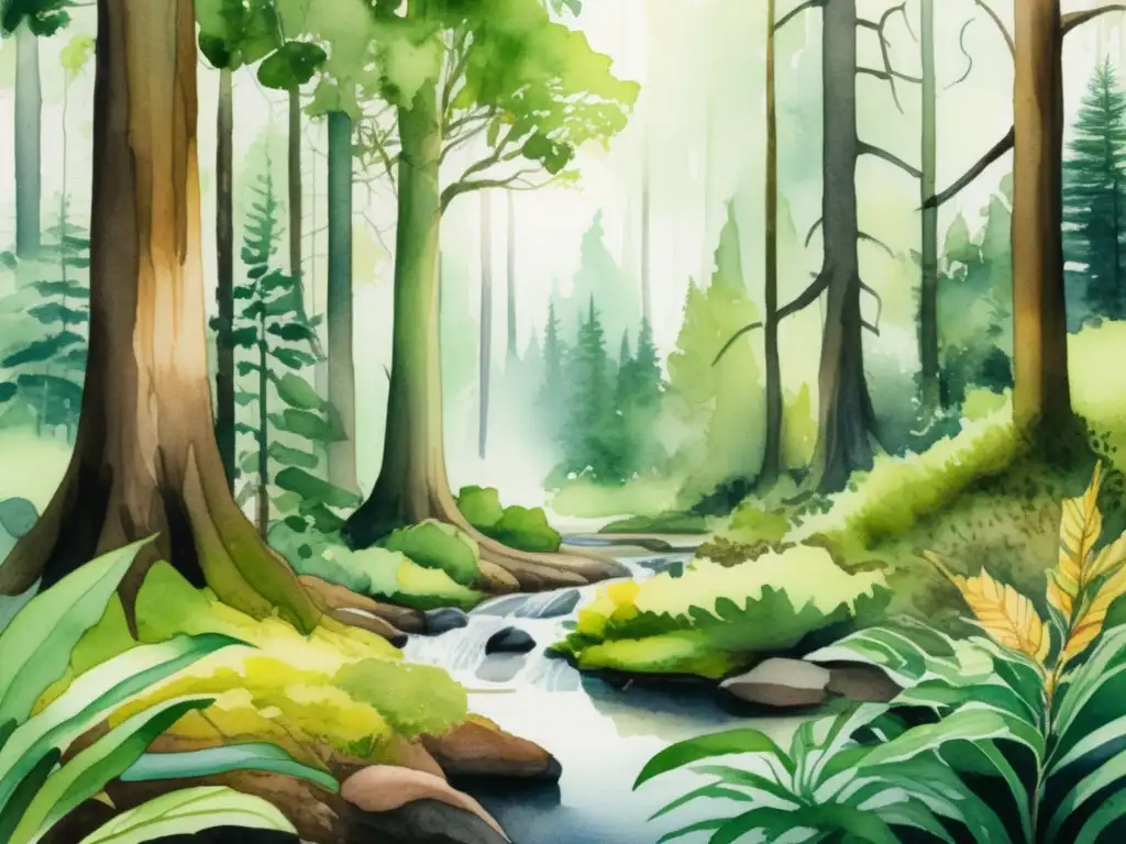 Bosque exuberante con árboles y vegetación vibrante Ilustración detallada acuarela de un bosque exuberante con diversas especies de árboles y vegetación vibrante