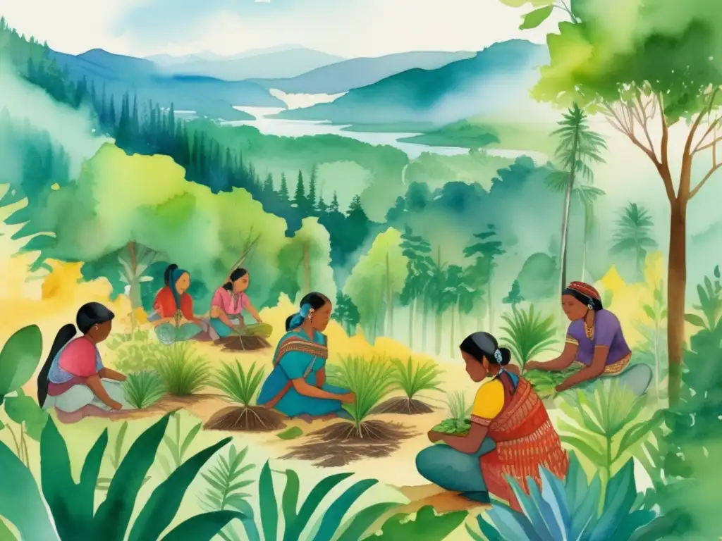 Prácticas ancestrales reforestación indígenas en vibrante ilustración acuarela, muestra diversidad y vida en exuberante escena boscosa