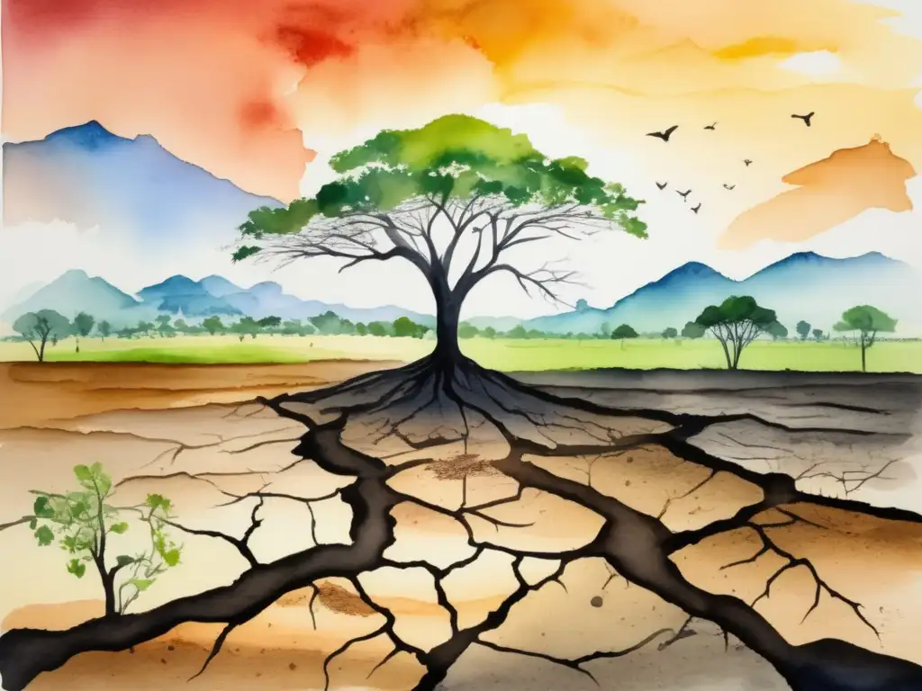 Restauración de tierras degradadas Técnicas de reforestación para suelos degradados: paisaje impactante de pintura acuarela muestra recuperación de tierras mediante reforestación