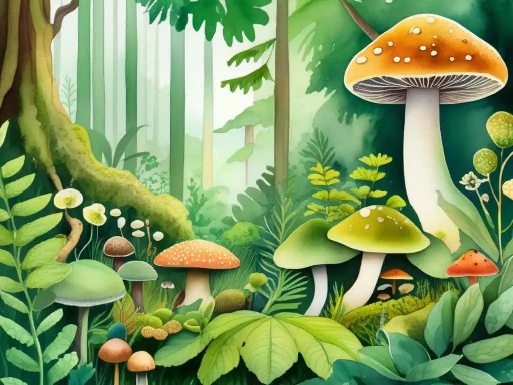 Adaptación de plantas a ambientes diversos en ilustración de acuarela simbiótica entre plantas y hongos