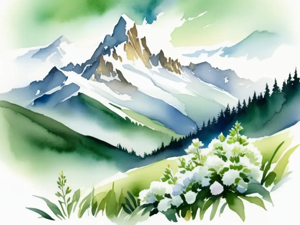 Ilustración acuarela: paisaje alpino nevado con planta resiliente ante glaciaciones