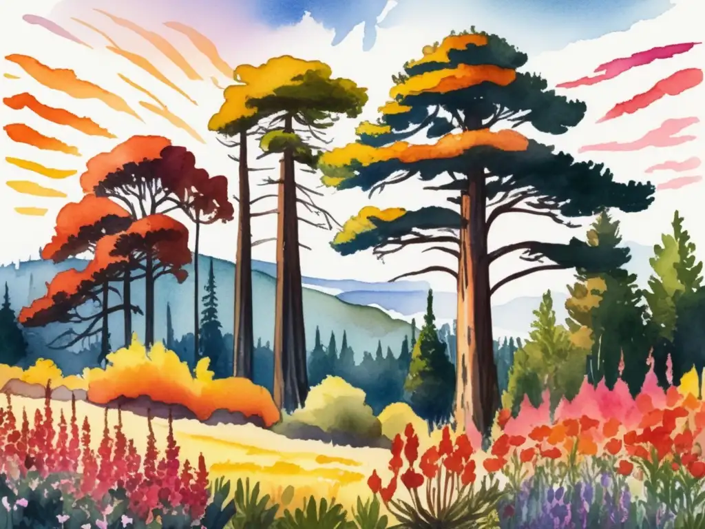 Ilustración acuarela de paisaje diverso con plantas resistentes a incendios