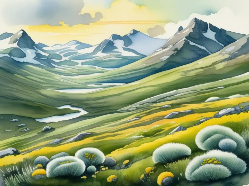 Paisaje tundra: plantas adaptadas, musgo verde, flores amarillas, montañas nevadas