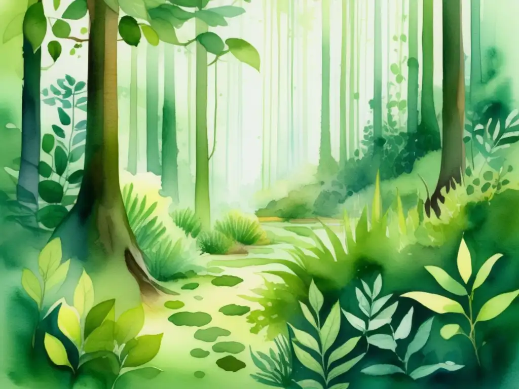 Ilustración acuarela exquisita de un bosque verde exuberante, mostrando la importancia de la respiración en las plantas