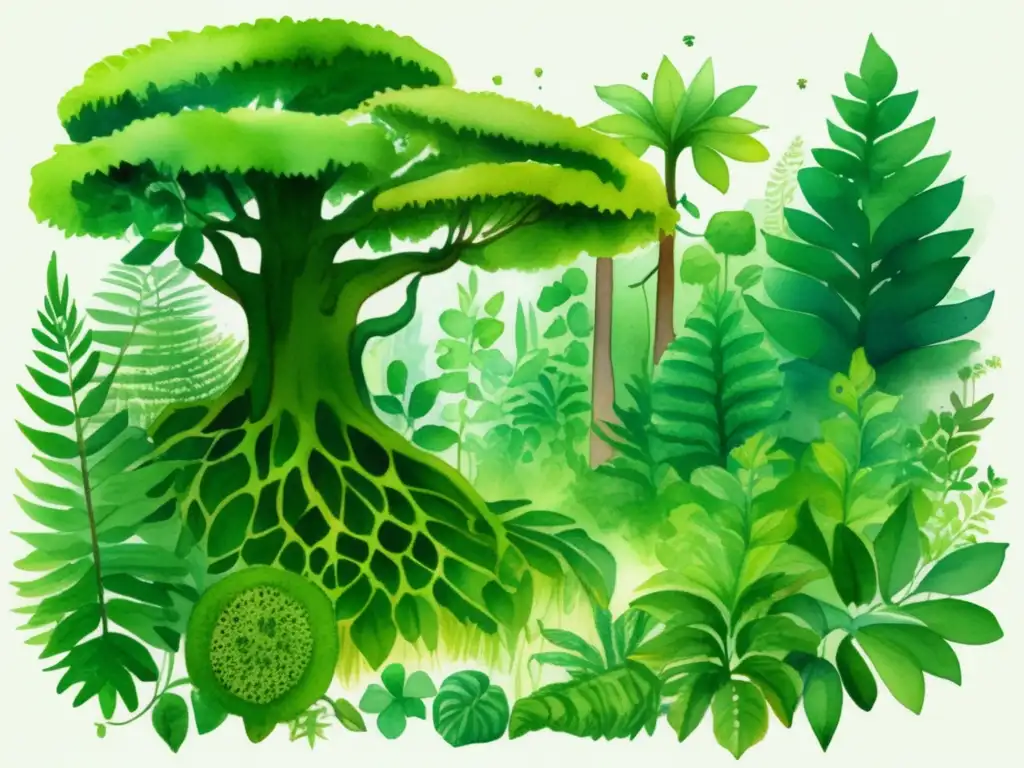 Ilustración acuarela de un exuberante bosque verde lleno de especies de plantas