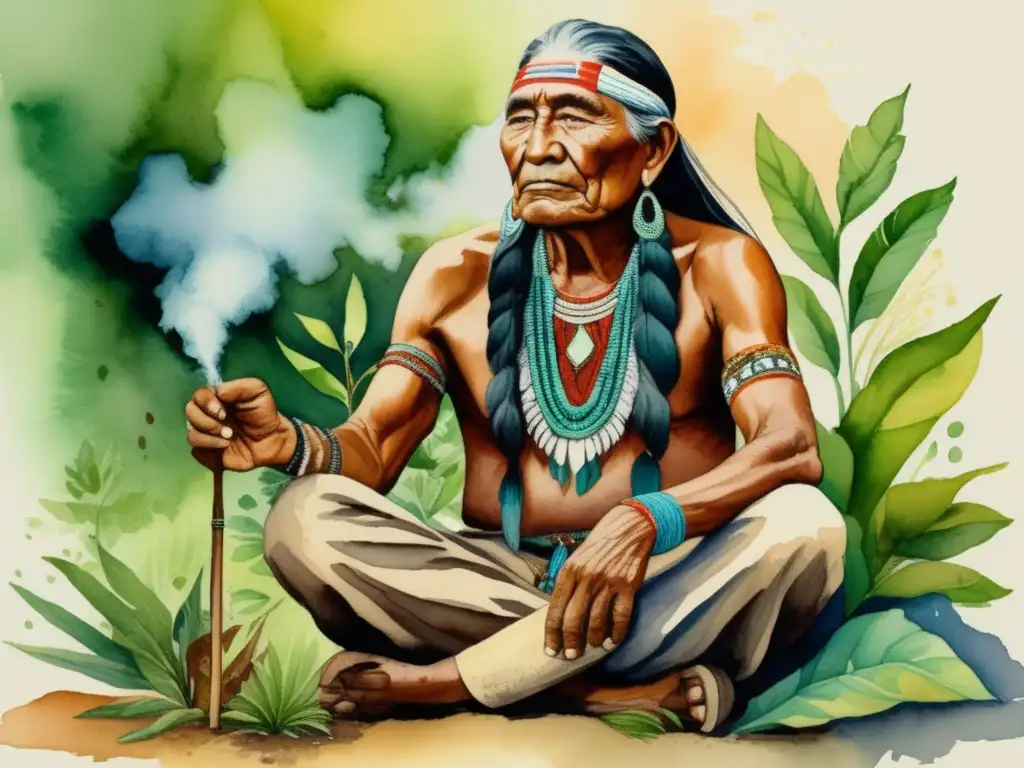 Ilustración detallada de un anciano nativo americano con planta de tabaco en paisaje natural